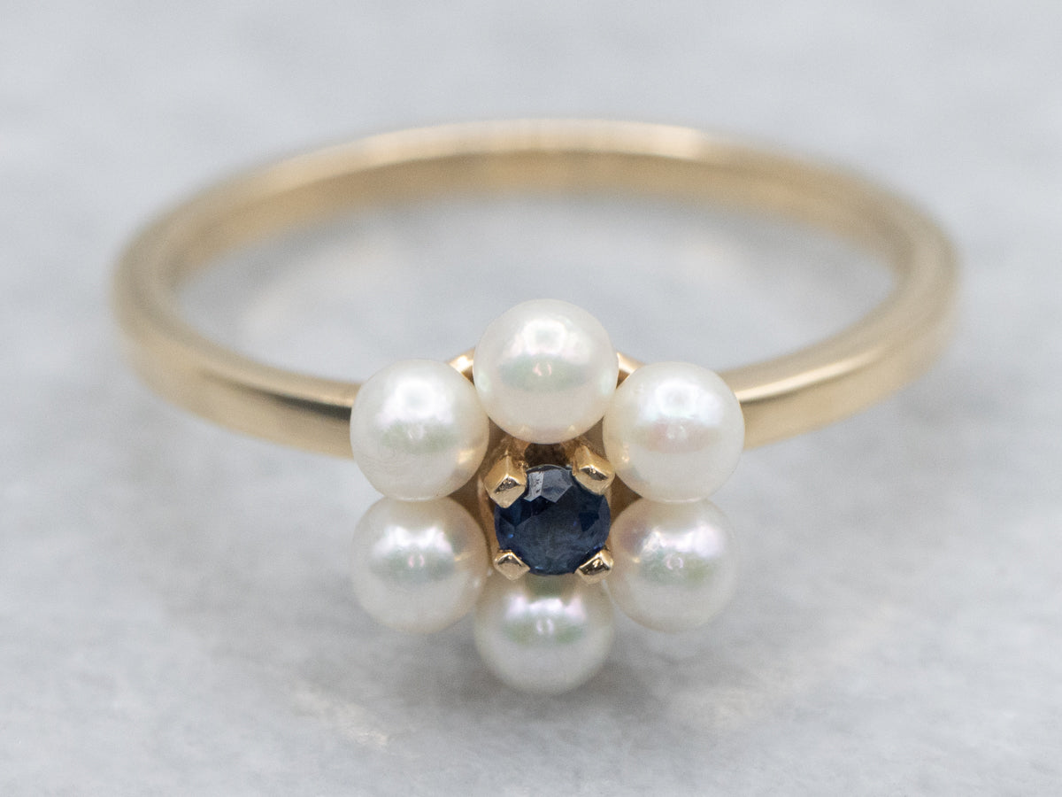 Vintage Sapphire and Pearl Halo Yellow Gold Ring