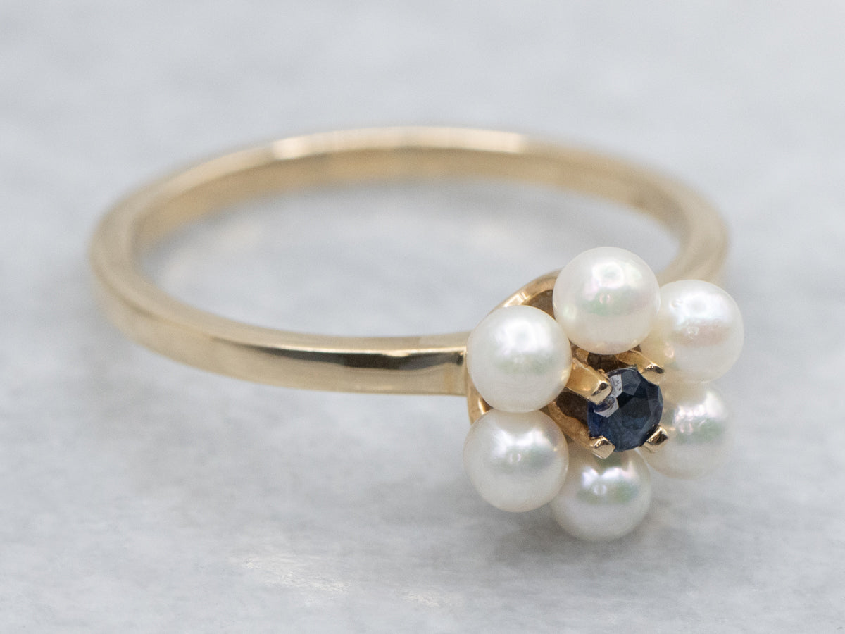 Vintage Sapphire and Pearl Halo Yellow Gold Ring