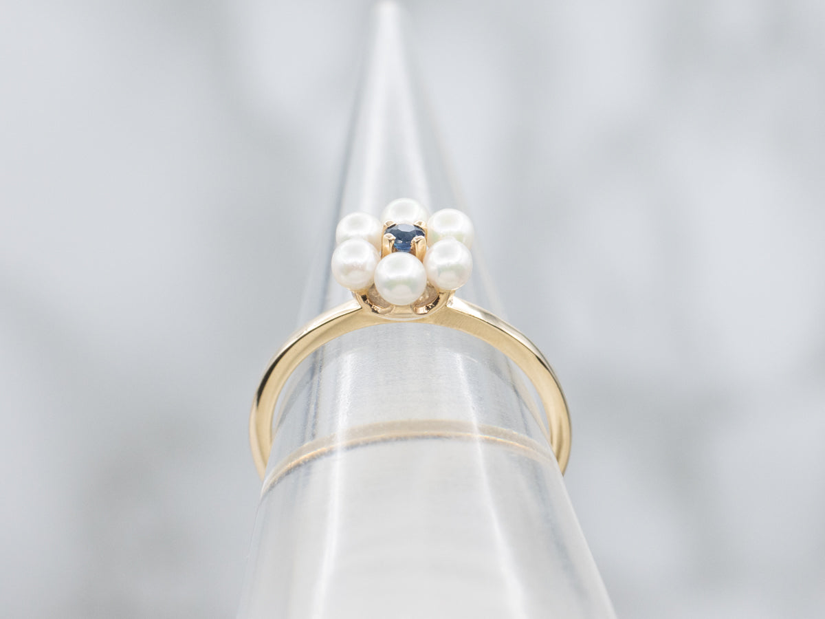 Vintage Sapphire and Pearl Halo Yellow Gold Ring