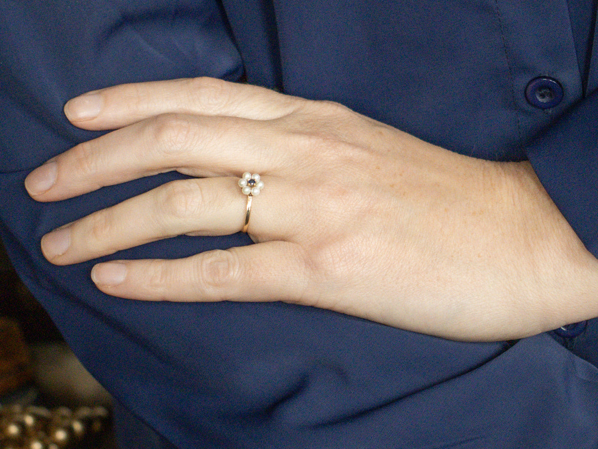 Vintage Sapphire and Pearl Halo Yellow Gold Ring