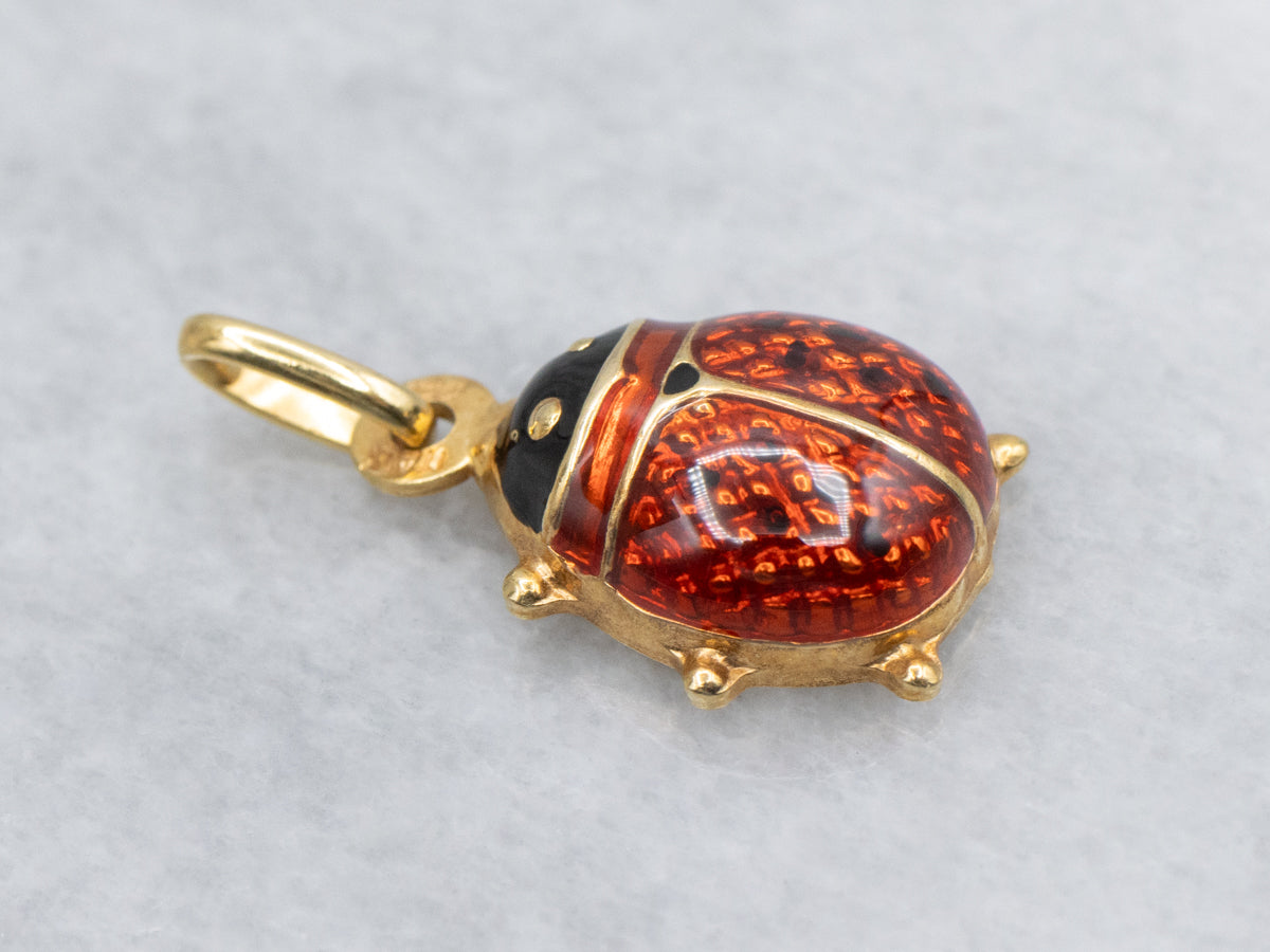 Red and Black Enamel Gold Ladybug Charm Pendant