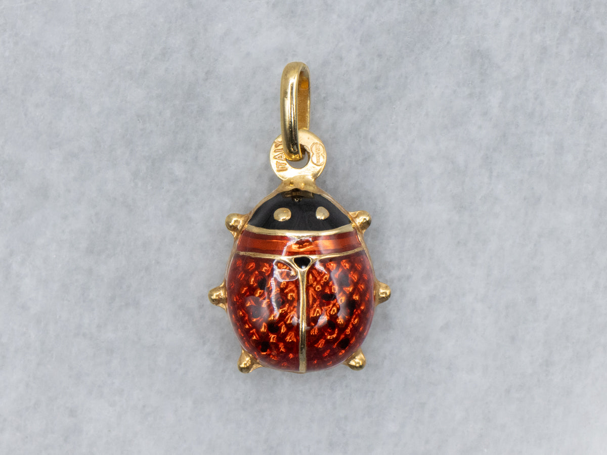 Red and Black Enamel Gold Ladybug Charm Pendant