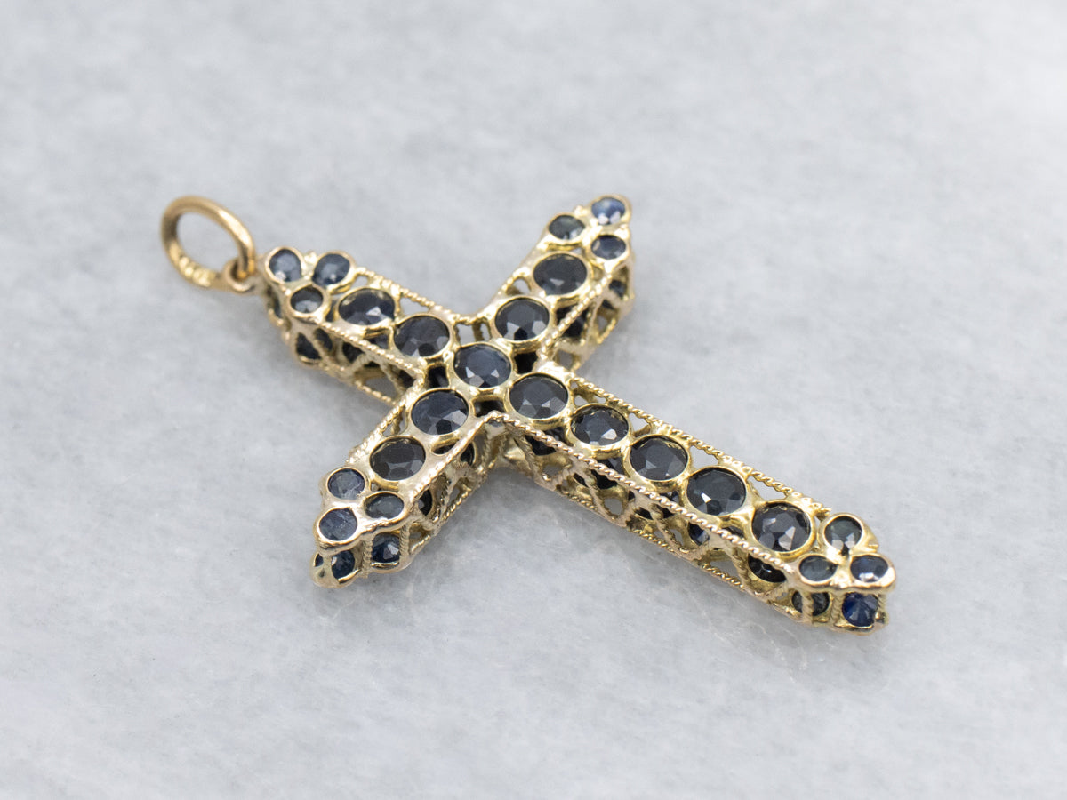 Double-Sided Sapphire Yellow Gold Cross Pendant