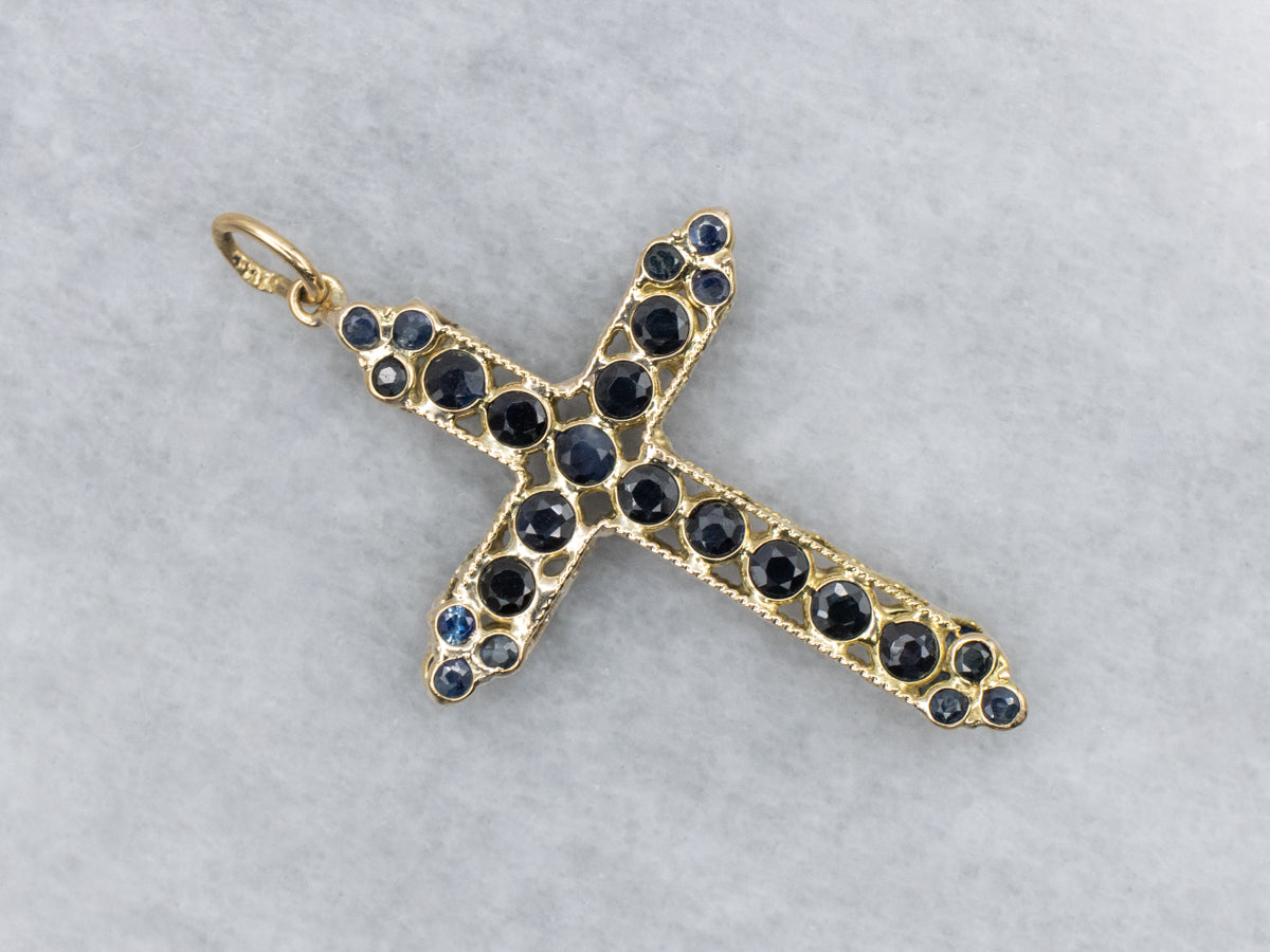 Double-Sided Sapphire Yellow Gold Cross Pendant