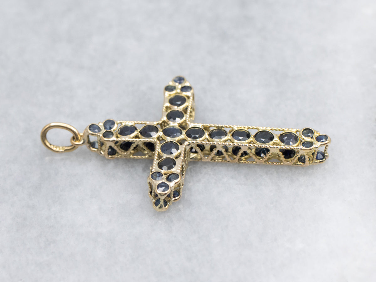 Double-Sided Sapphire Yellow Gold Cross Pendant