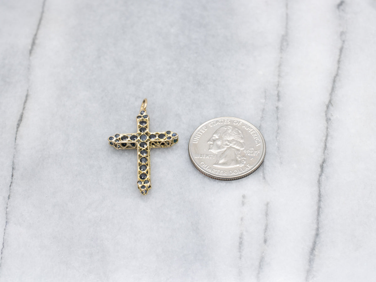 Double-Sided Sapphire Yellow Gold Cross Pendant