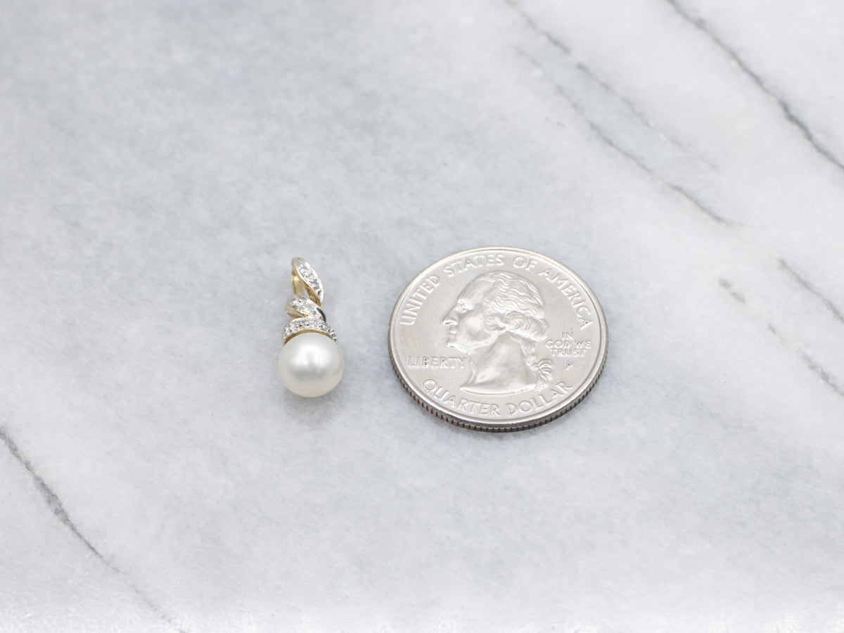 Twisting Gold Diamond and Pearl Pendant