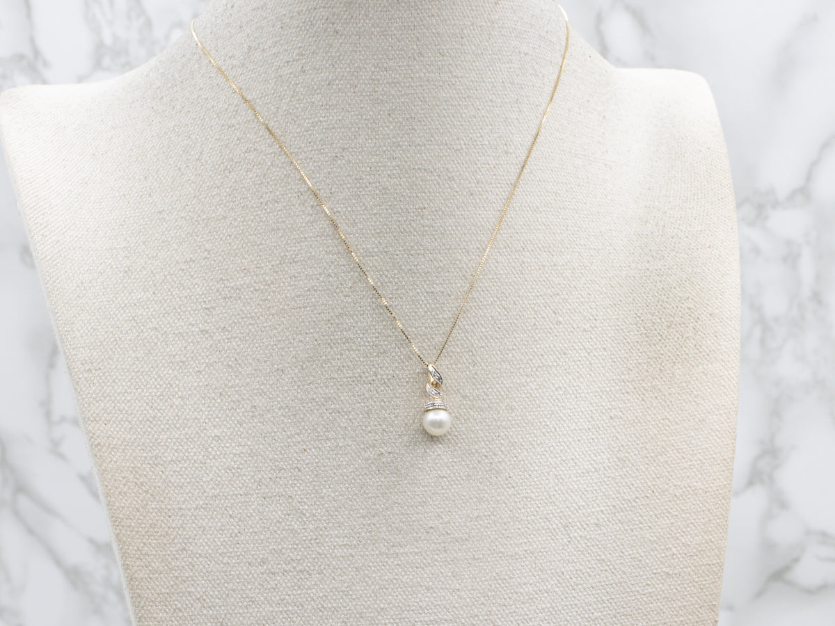 Twisting Gold Diamond and Pearl Pendant