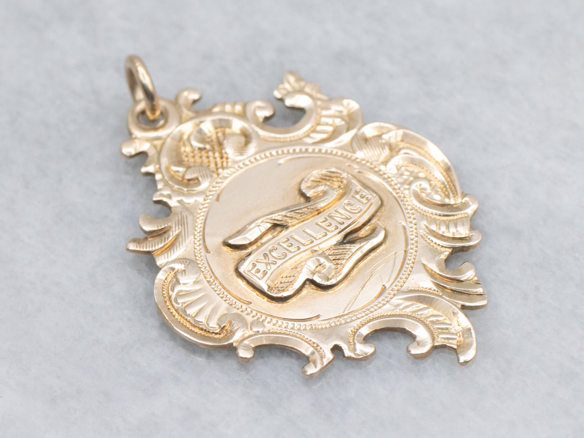 Antique 1912 Gold &quot;Excellence&quot; Medallion Pendant