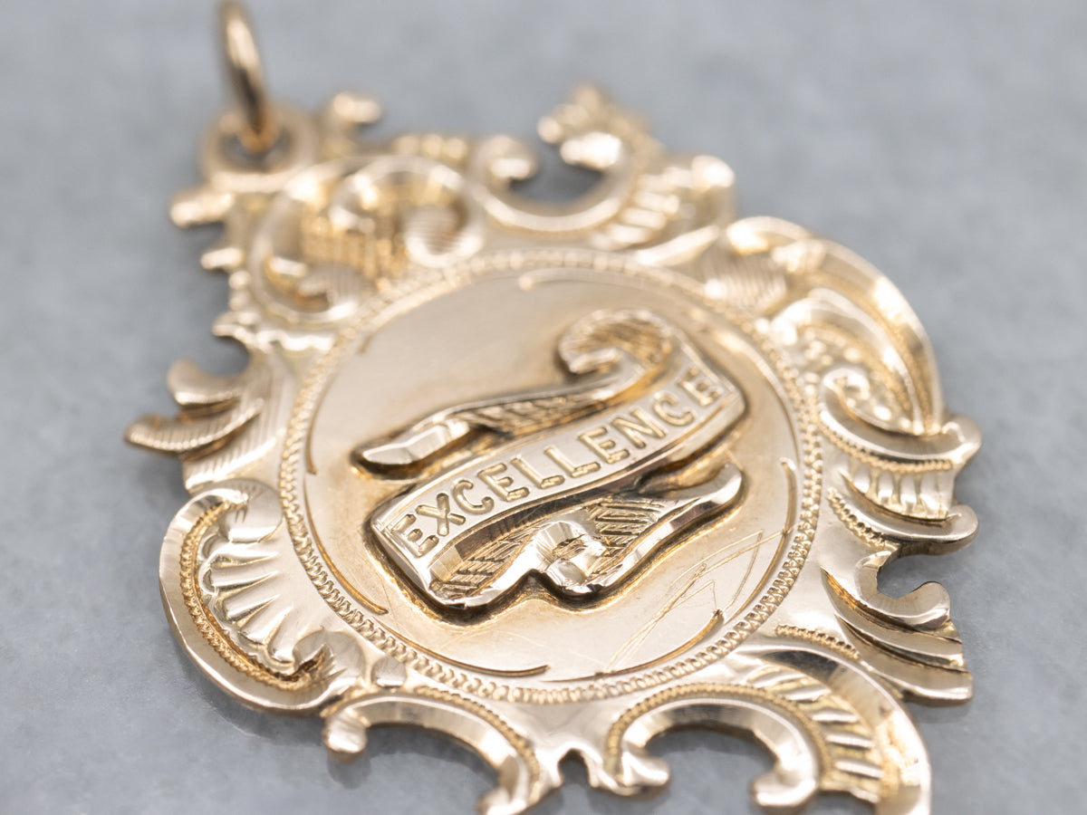 Antique 1912 Gold "Excellence" Medallion Pendant