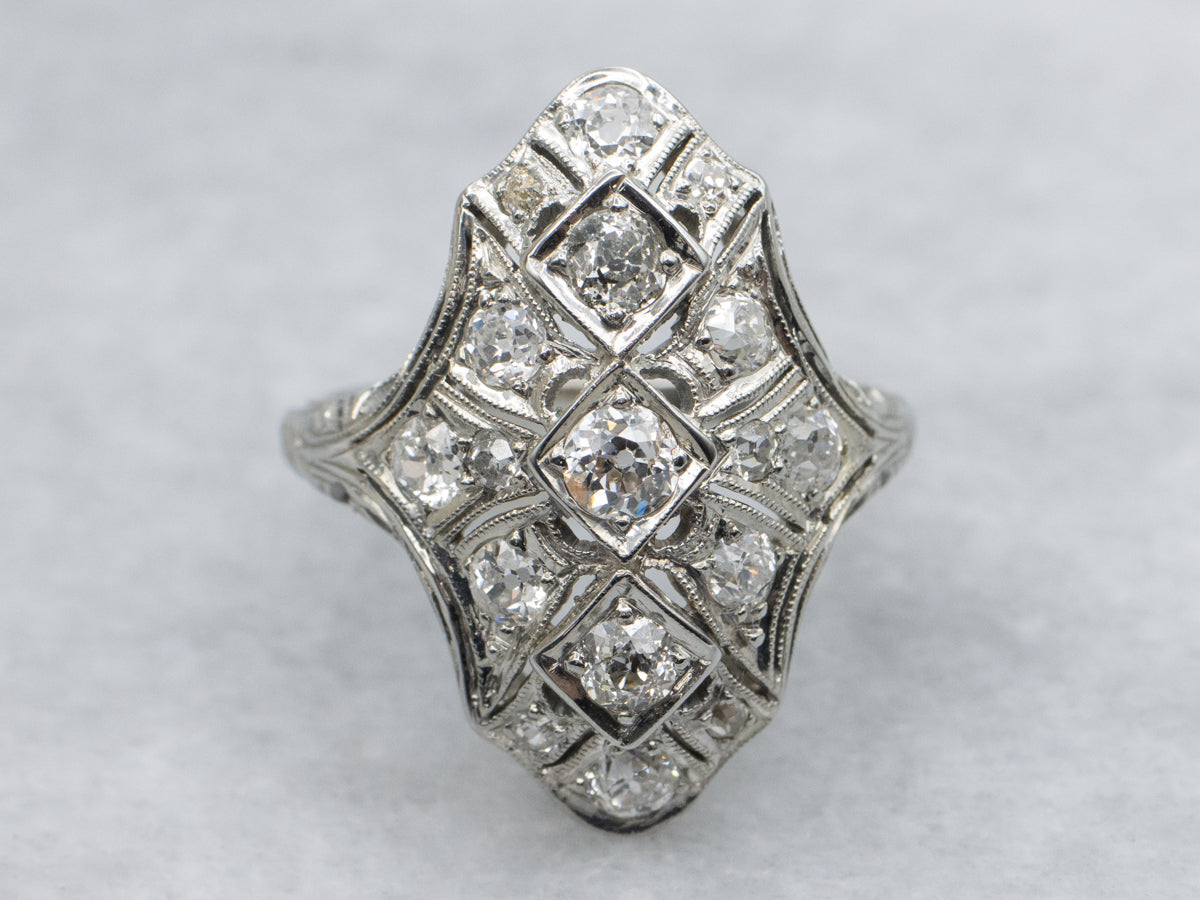 Old Mine Cut Diamond White Gold Dinner Ring Circa 1920