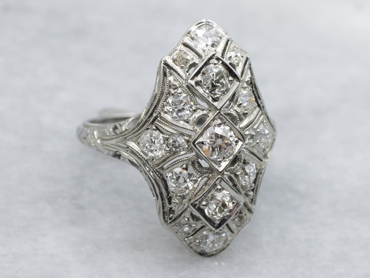 Old Mine Cut Diamond White Gold Dinner Ring Circa 1920