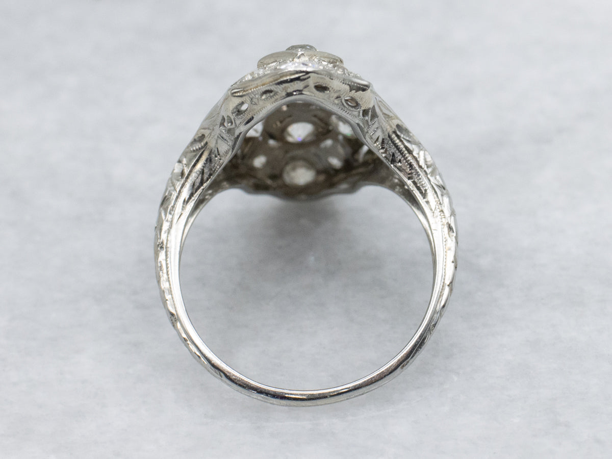 Old Mine Cut Diamond White Gold Dinner Ring Circa 1920