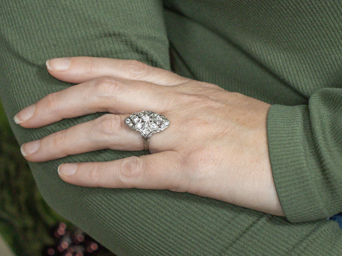 Old Mine Cut Diamond White Gold Dinner Ring Circa 1920