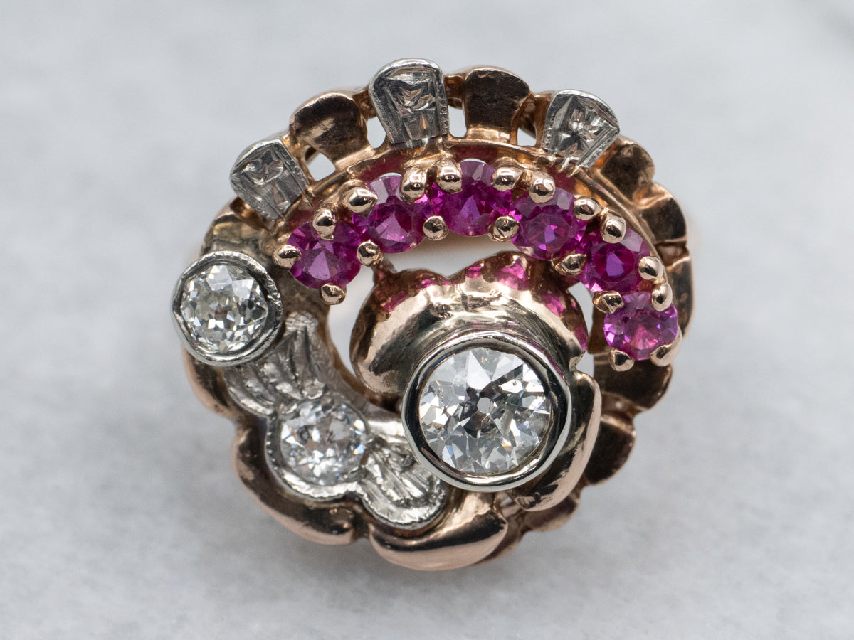 1950s Old Mine Cut Diamond and Synthetic Ruby Platinum and Rose Gold Cocktail Ring