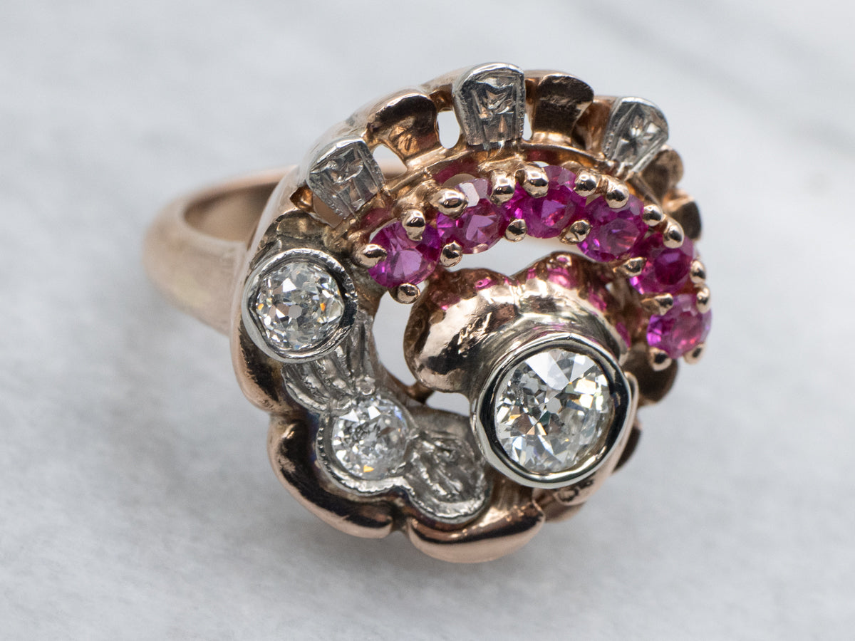 1950s Old Mine Cut Diamond and Synthetic Ruby Platinum and Rose Gold Cocktail Ring