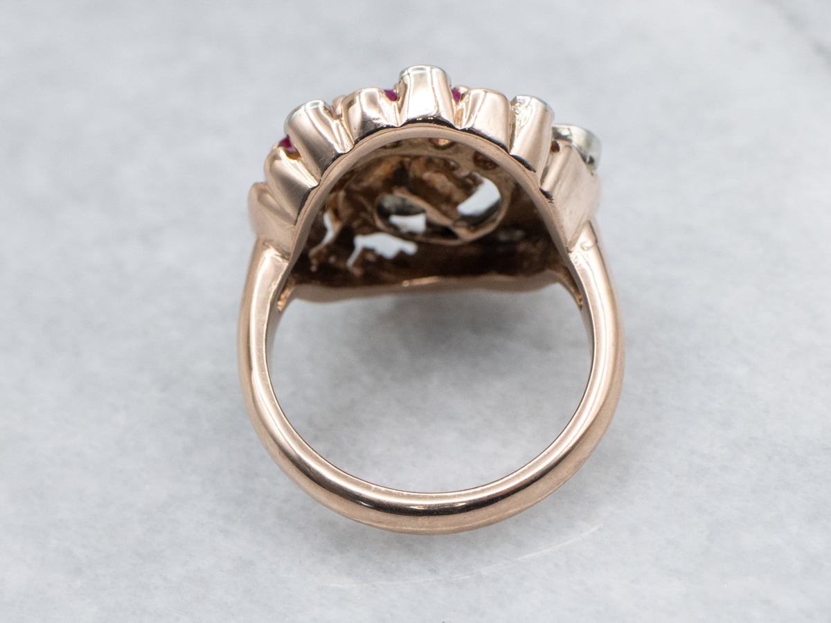 1950s Old Mine Cut Diamond and Synthetic Ruby Platinum and Rose Gold Cocktail Ring