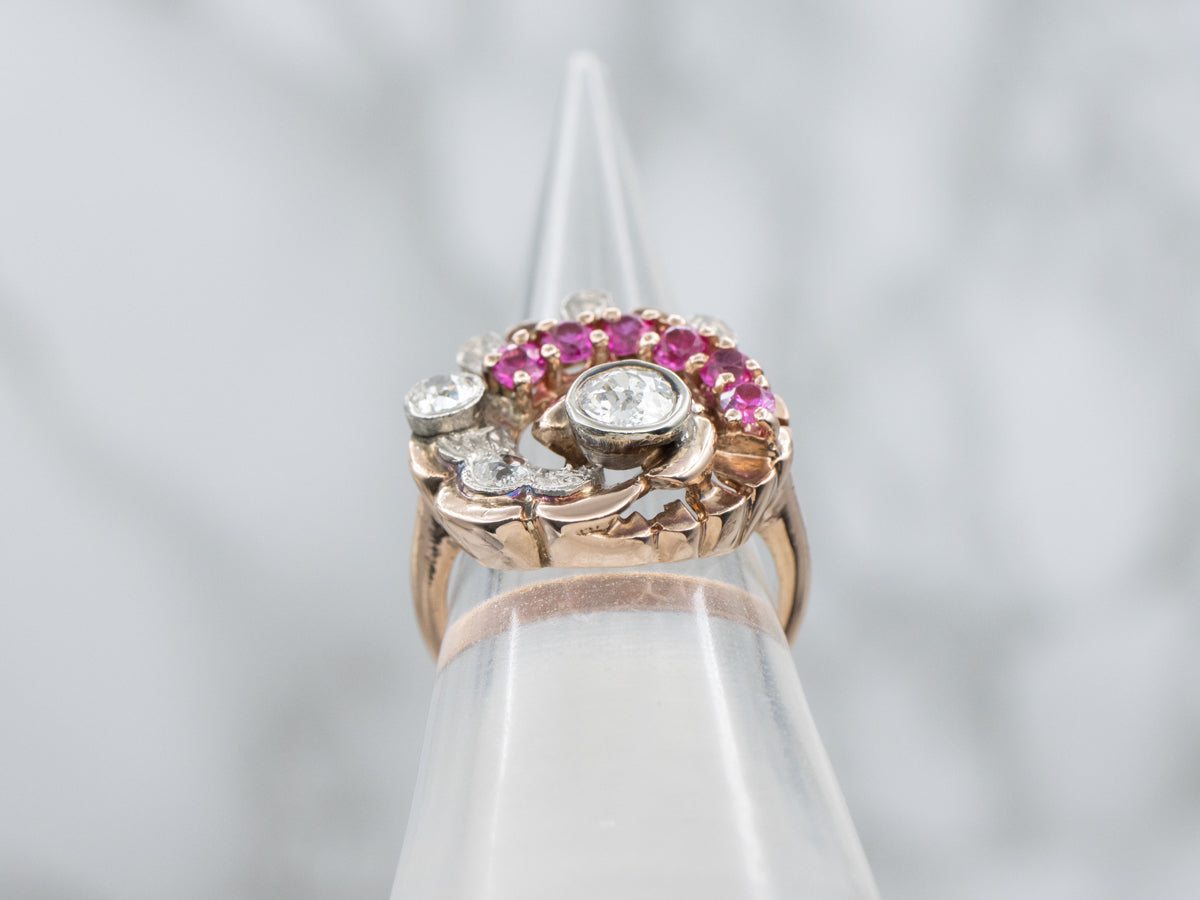 1950s Old Mine Cut Diamond and Synthetic Ruby Platinum and Rose Gold Cocktail Ring