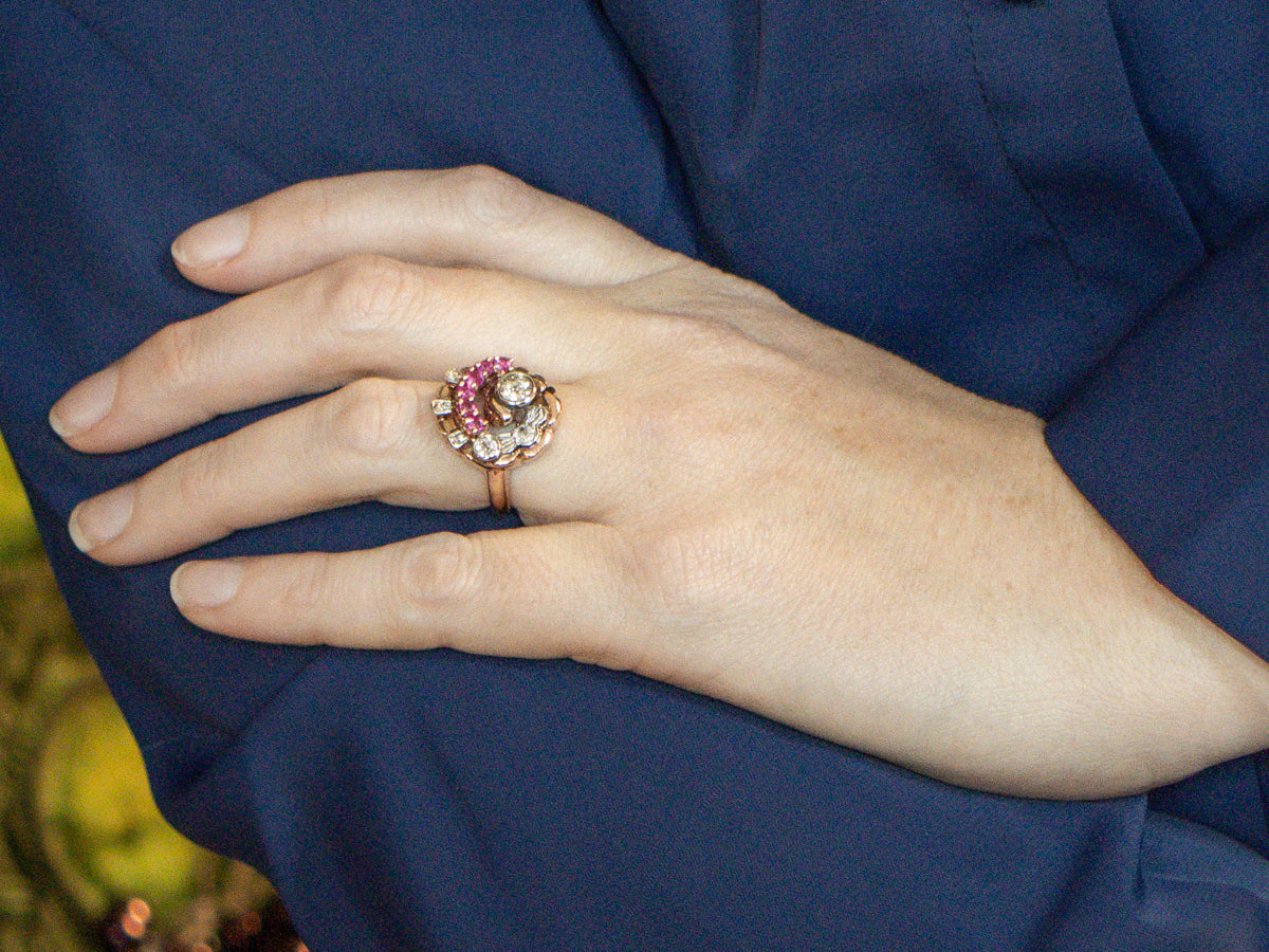 1950s Old Mine Cut Diamond and Synthetic Ruby Platinum and Rose Gold Cocktail Ring