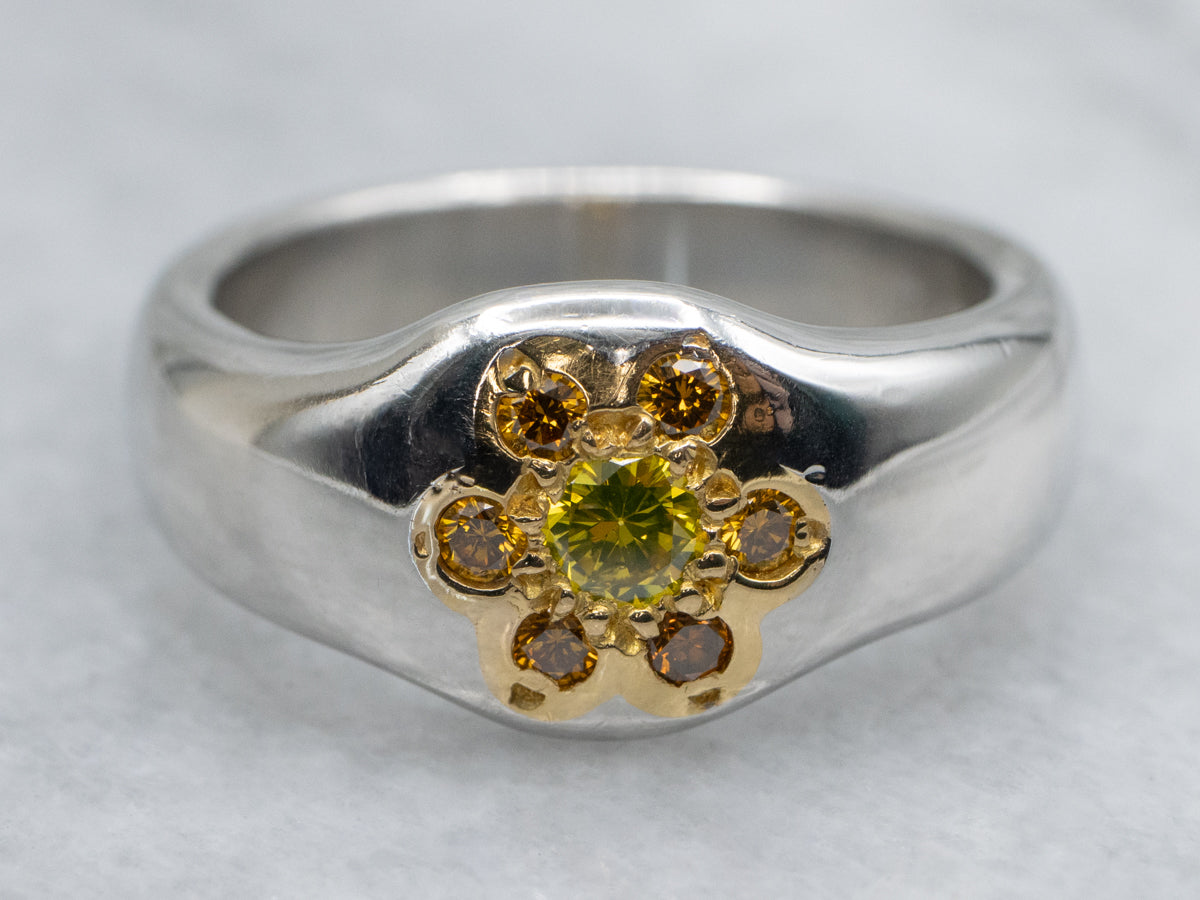 Yellow and Orange Diamond Floral Platinum and Gold Ring