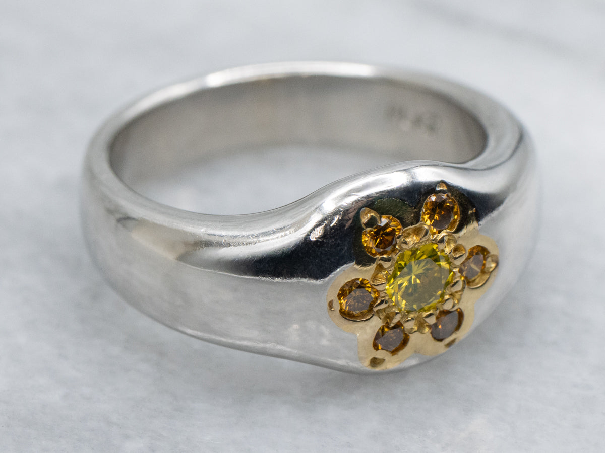 Yellow and Orange Diamond Floral Platinum and Gold Ring