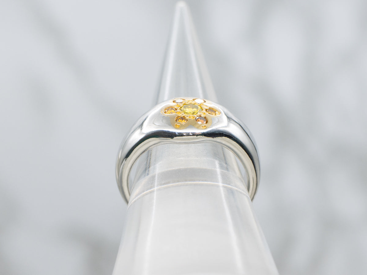 Yellow and Orange Diamond Floral Platinum and Gold Ring
