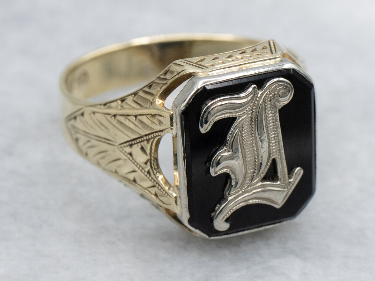 Men's Ostby and Barton Black Onyx Initial "I" Initial Signet Ring