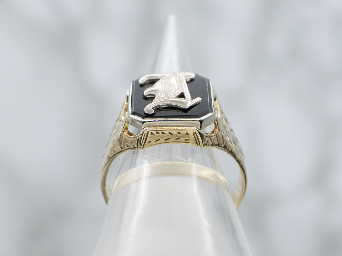 Men's Ostby and Barton Black Onyx Initial "I" Initial Signet Ring