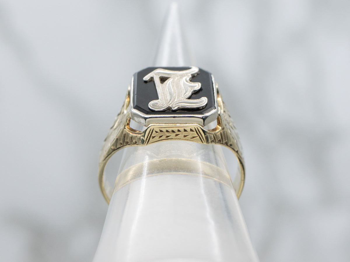 Men's Ostby and Barton Black Onyx Initial "I" Initial Signet Ring