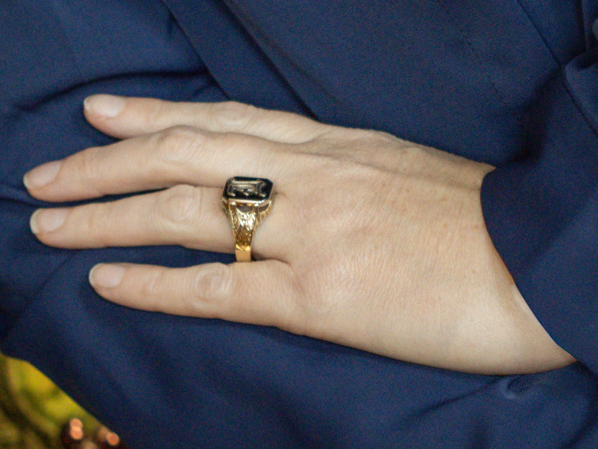 Men's Ostby and Barton Black Onyx Initial "I" Initial Signet Ring