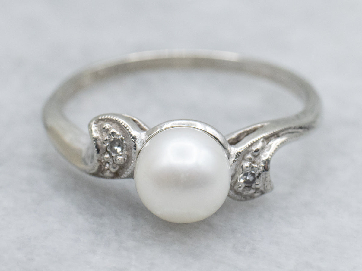 Saltwater Pearl and Diamond Vintage White Gold Bypass Ring