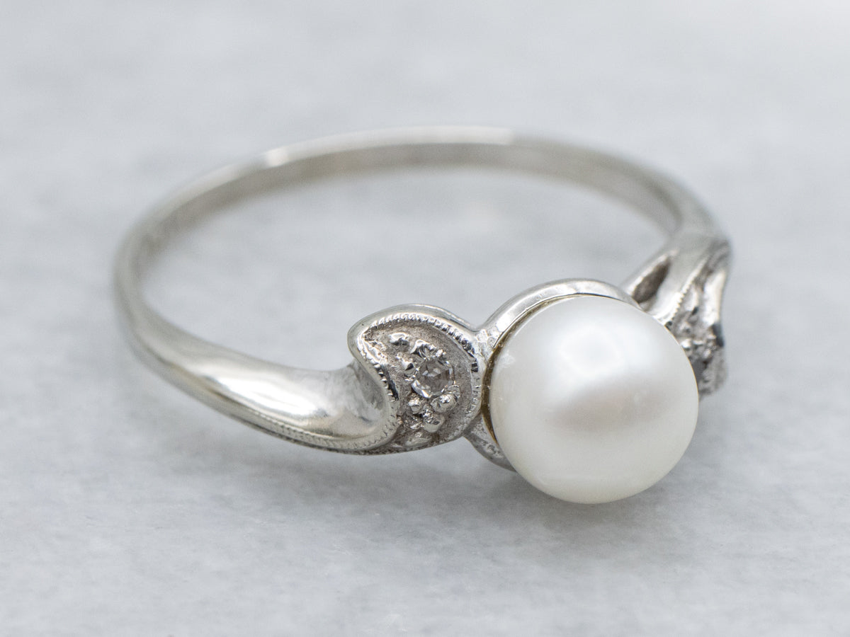 Saltwater Pearl and Diamond Vintage White Gold Bypass Ring
