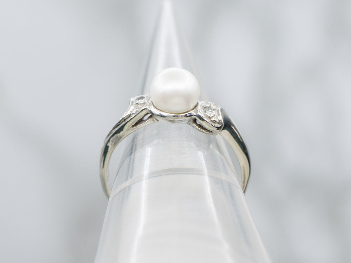 Saltwater Pearl and Diamond Vintage White Gold Bypass Ring