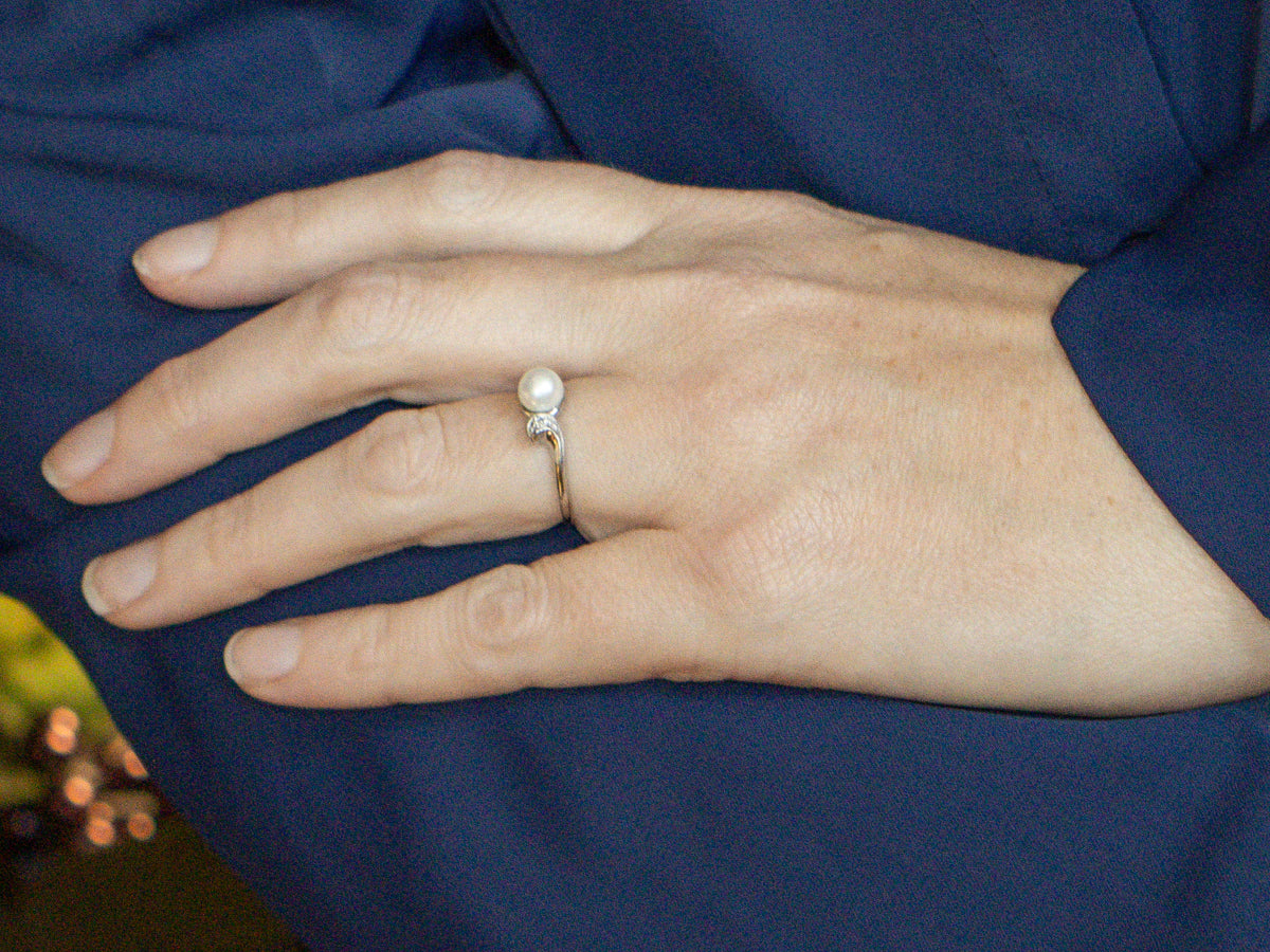 Saltwater Pearl and Diamond Vintage White Gold Bypass Ring