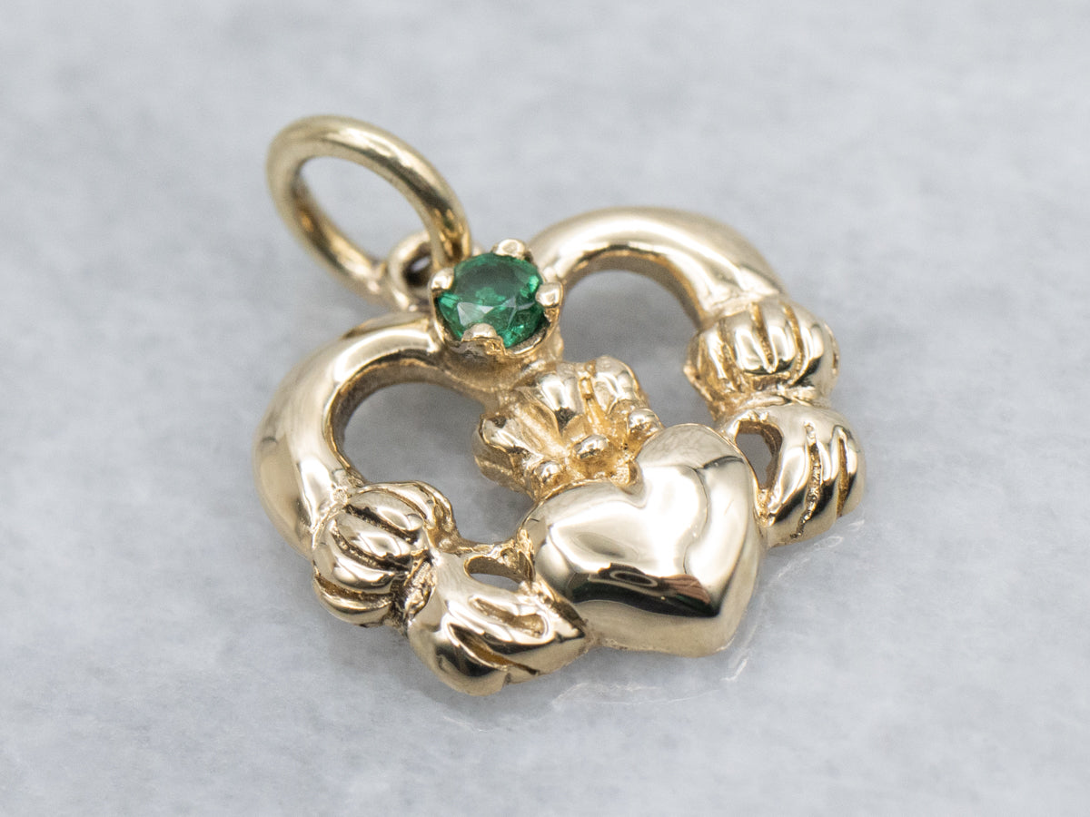 Yellow Gold Claddagh Pendant with Emerald Gemstone