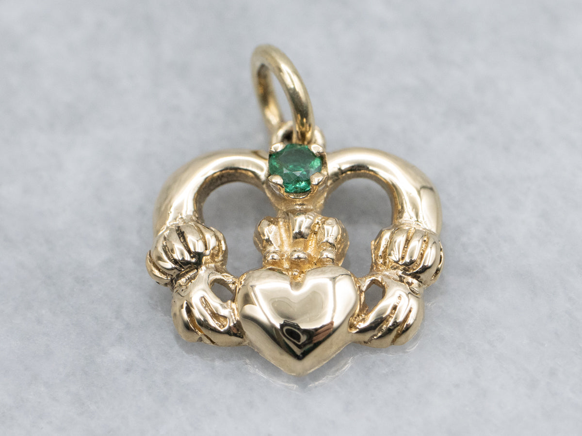 Yellow Gold Claddagh Pendant with Emerald Gemstone