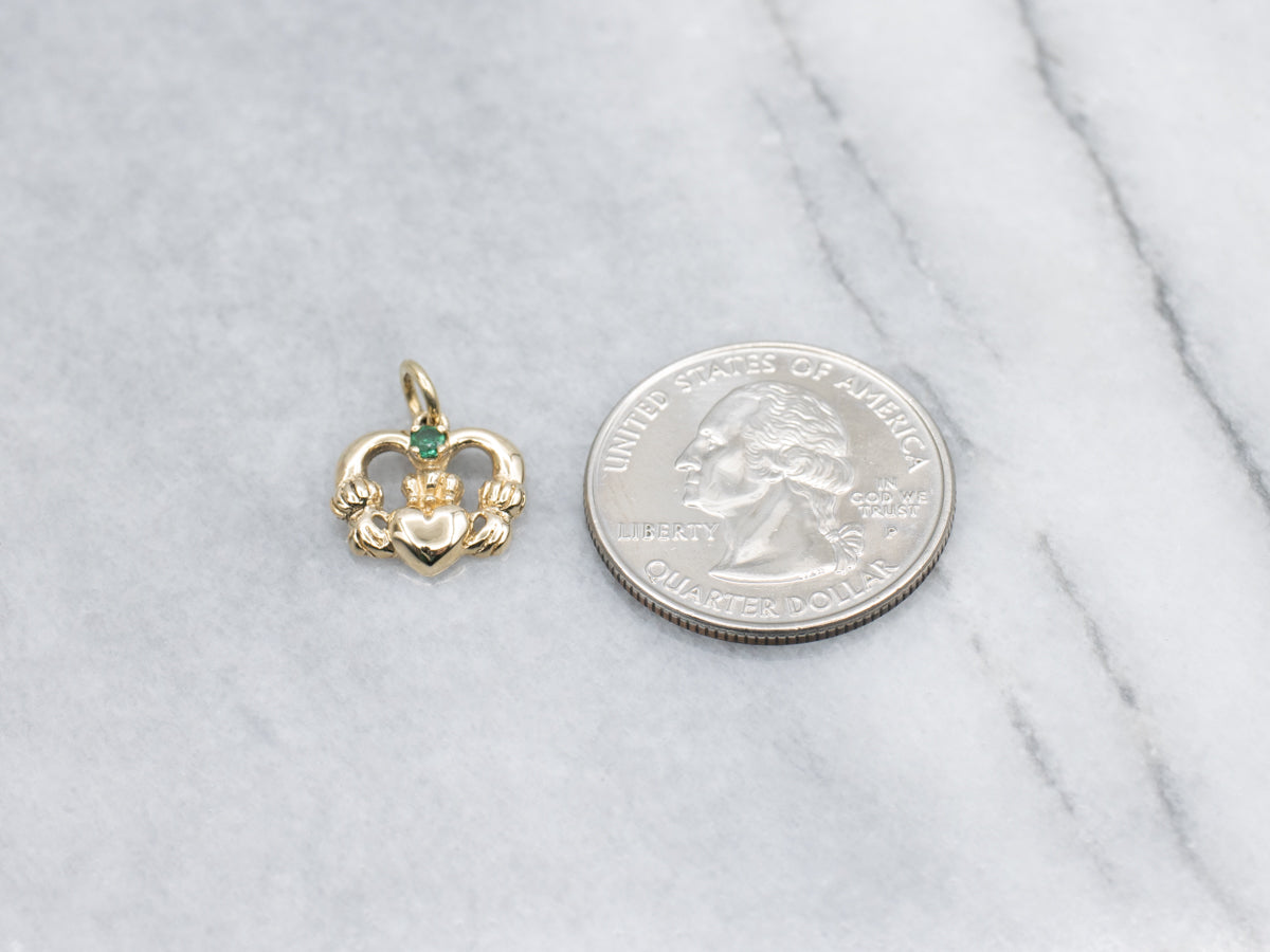 Yellow Gold Claddagh Pendant with Emerald Gemstone
