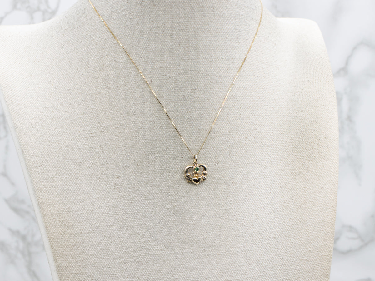 Yellow Gold Claddagh Pendant with Emerald Gemstone