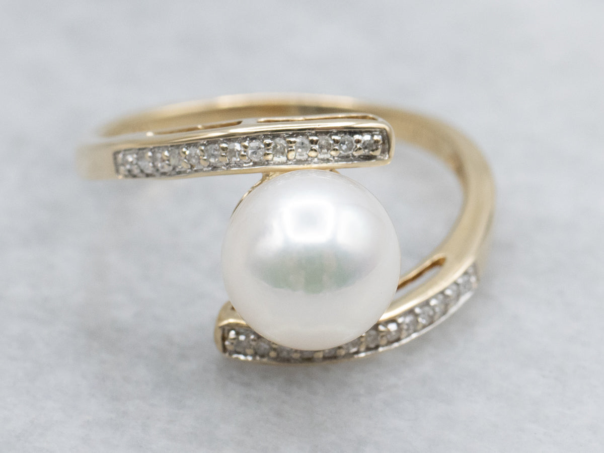 Pearl and Pave Diamond Yellow Gold Bypass Ring