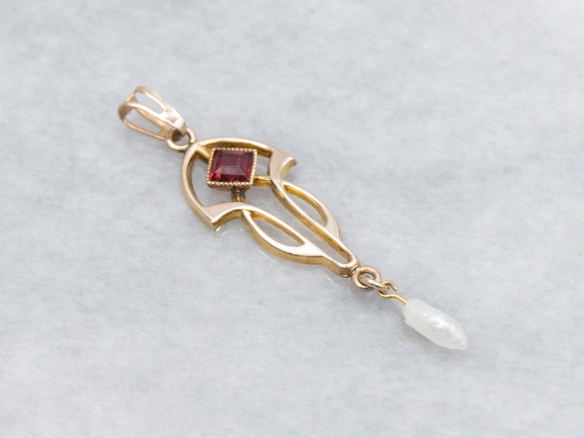Natural Pearl and Red Glass Lavalier Pendant