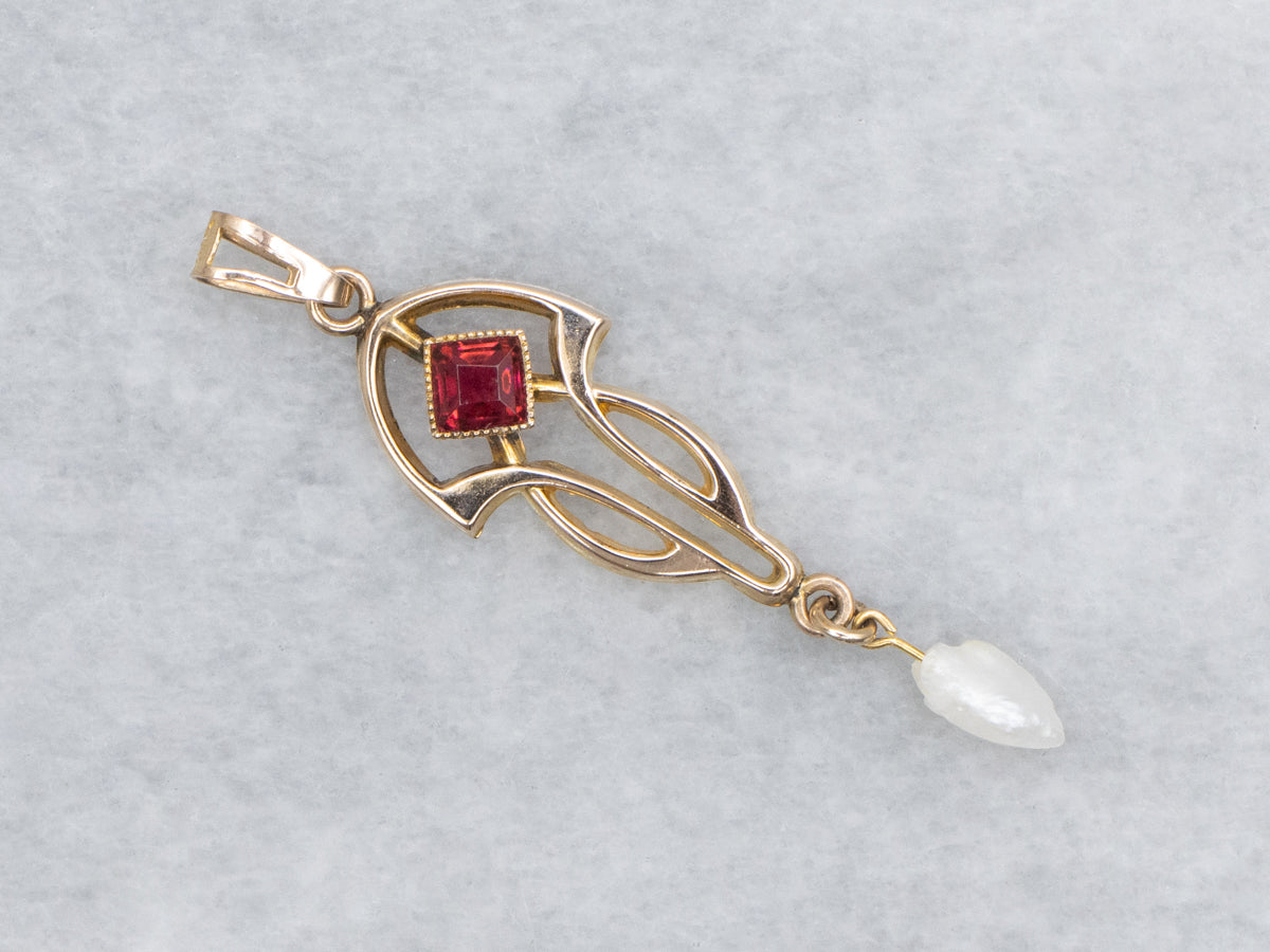 Natural Pearl and Red Glass Lavalier Pendant
