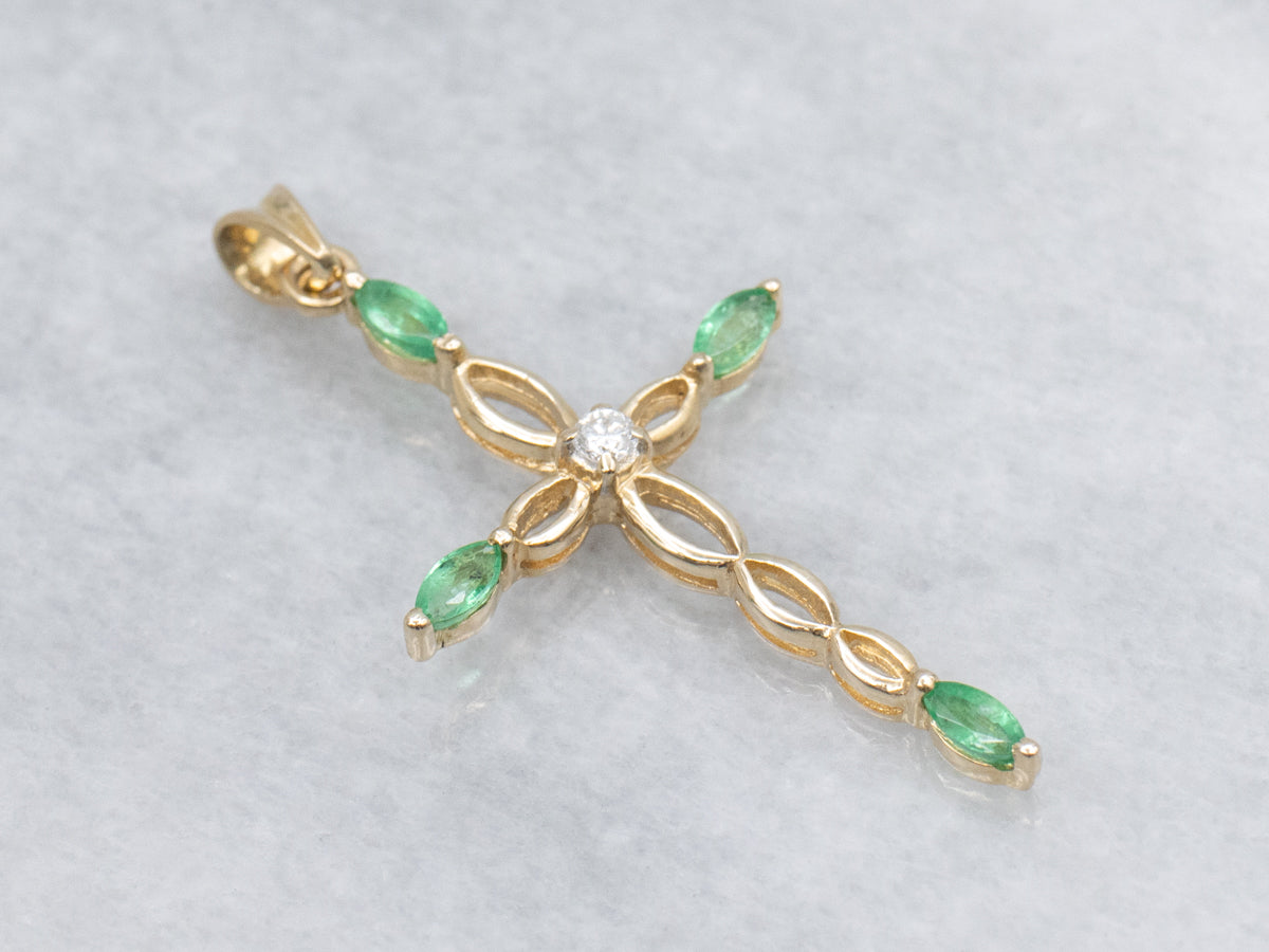 Marquise Cut Emerald and Diamond Twisting Gold Cross Pendant