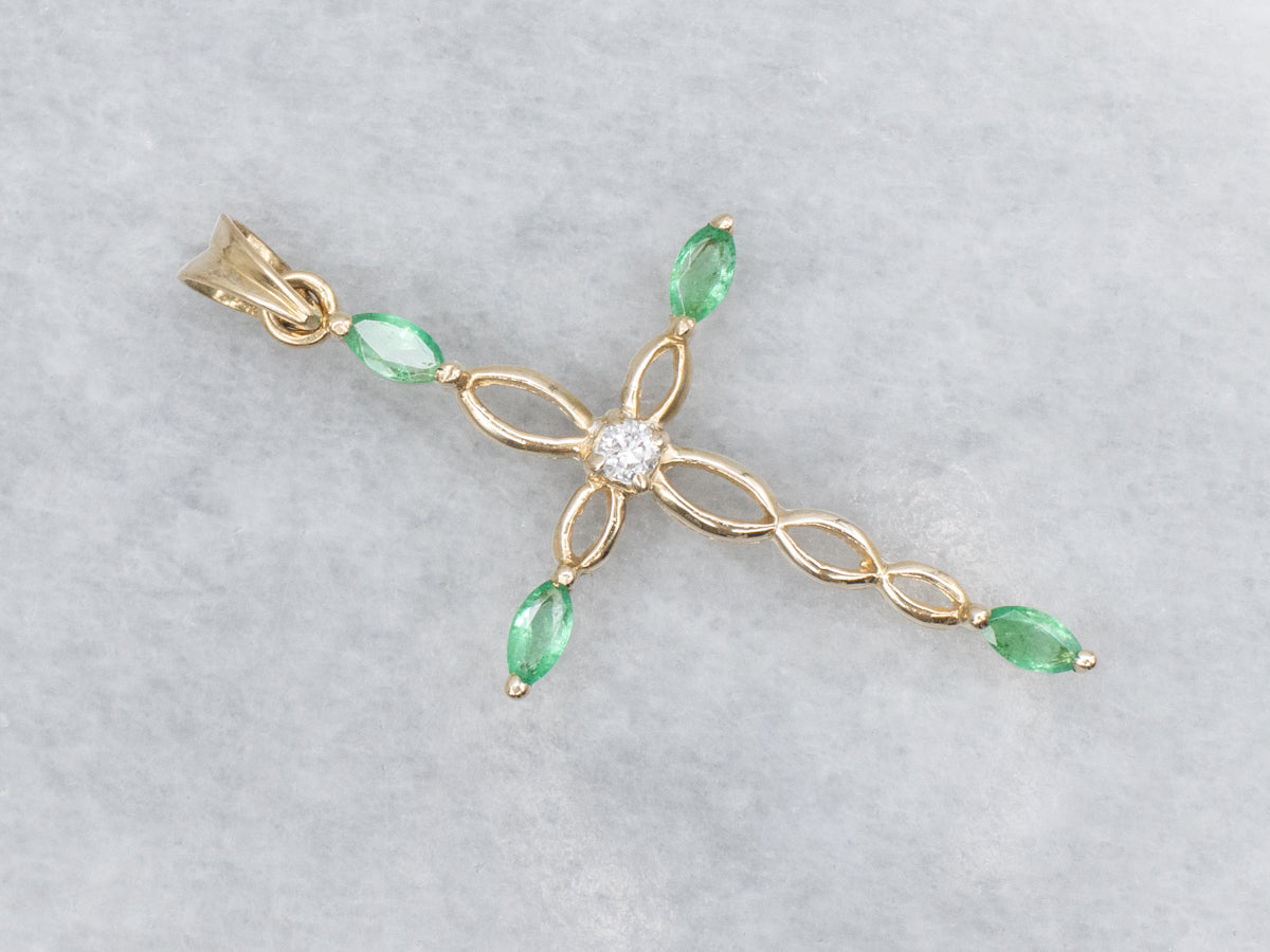 Marquise Cut Emerald and Diamond Twisting Gold Cross Pendant
