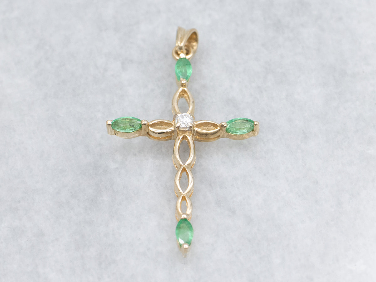 Marquise Cut Emerald and Diamond Twisting Gold Cross Pendant