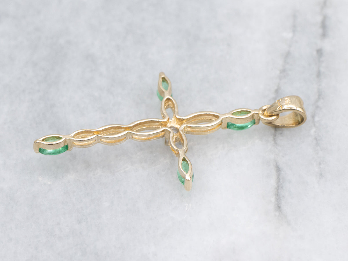 Marquise Cut Emerald and Diamond Twisting Gold Cross Pendant