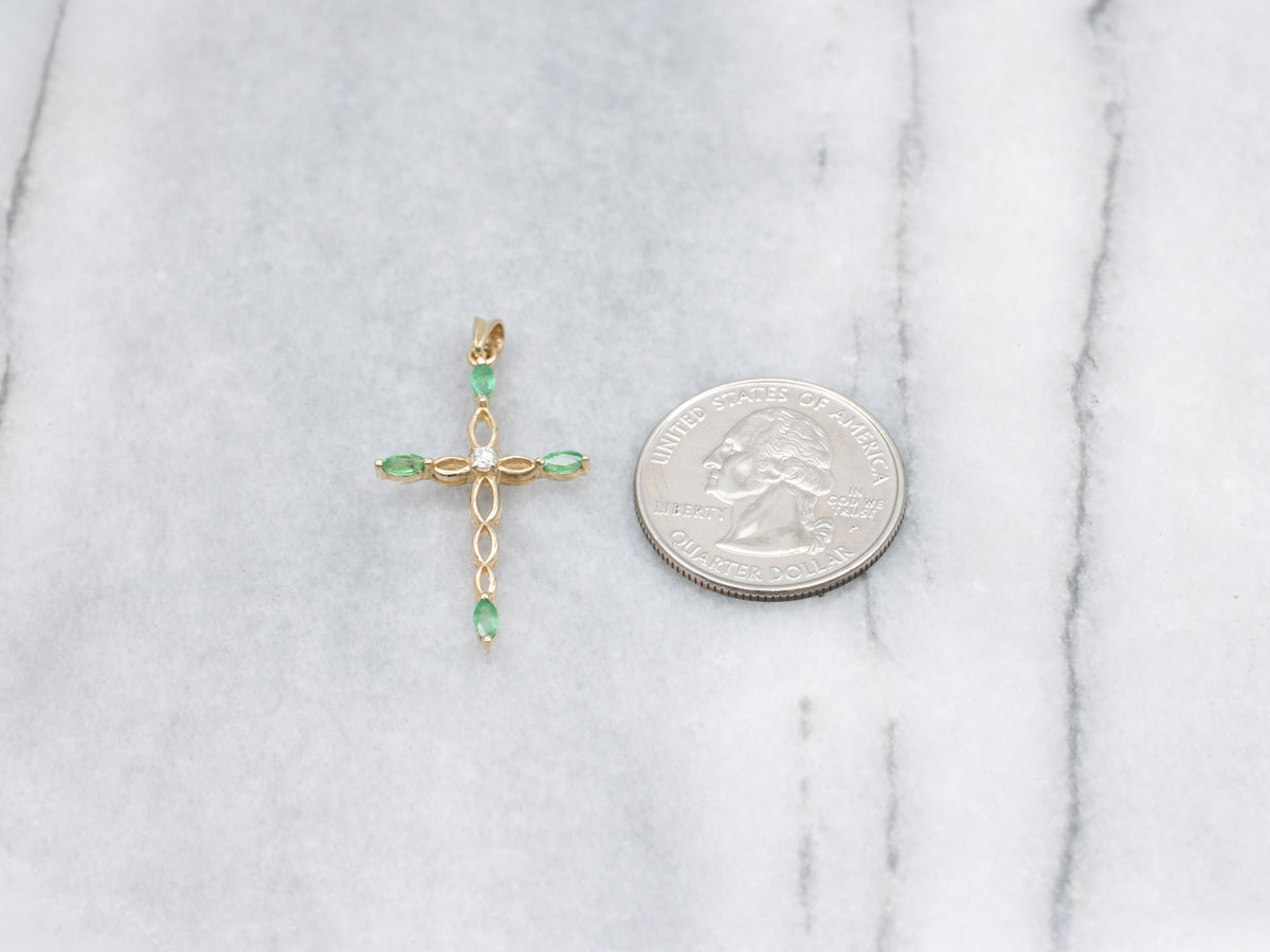 Marquise Cut Emerald and Diamond Twisting Gold Cross Pendant