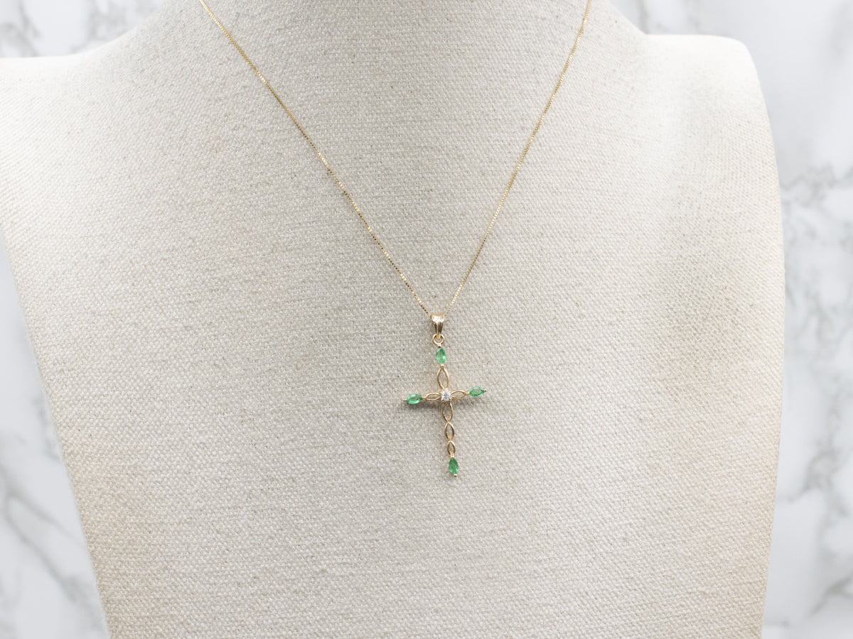 Marquise Cut Emerald and Diamond Twisting Gold Cross Pendant
