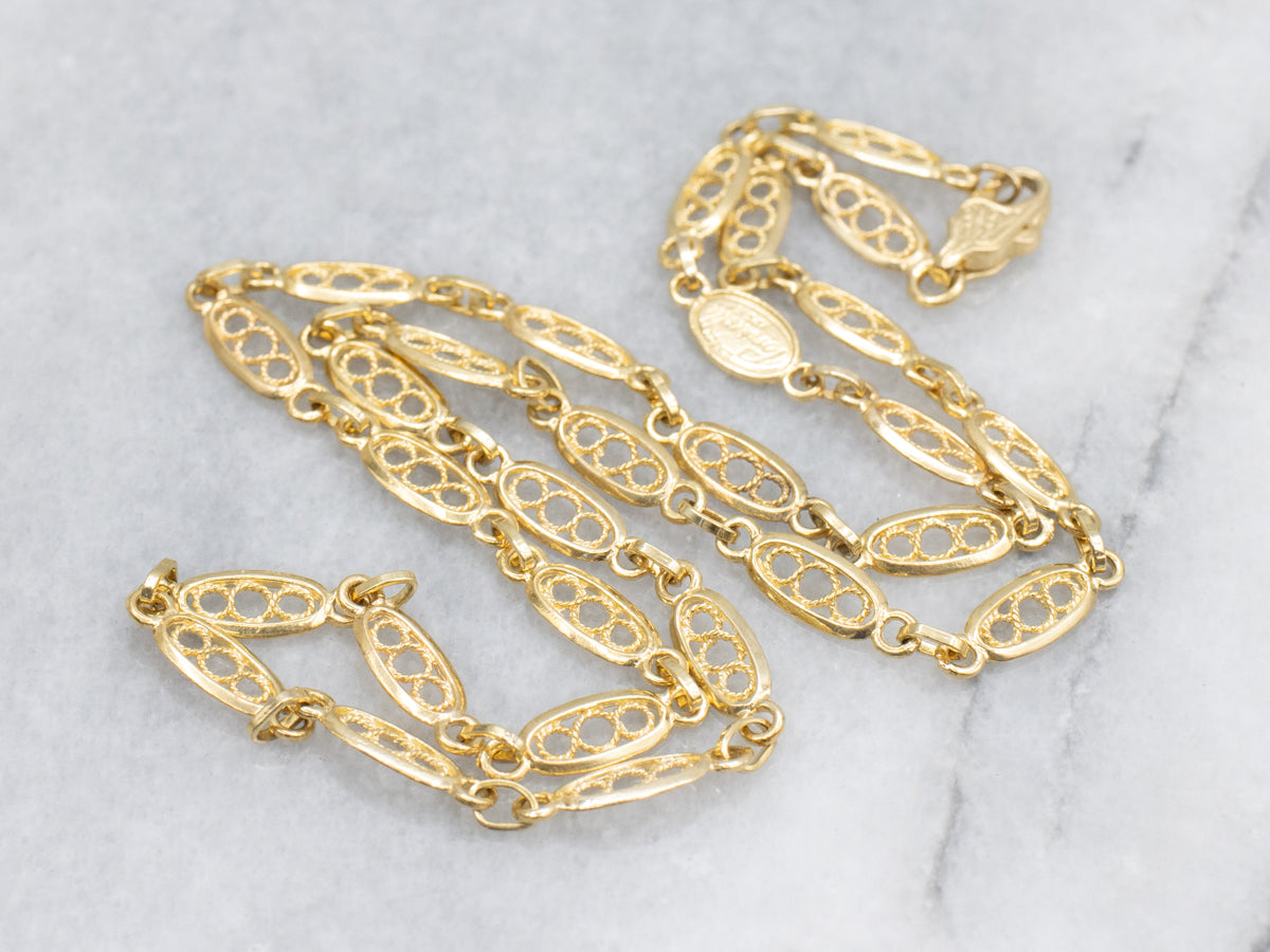 Vintage Gold Filigree Link Chain with Engraved Clasp