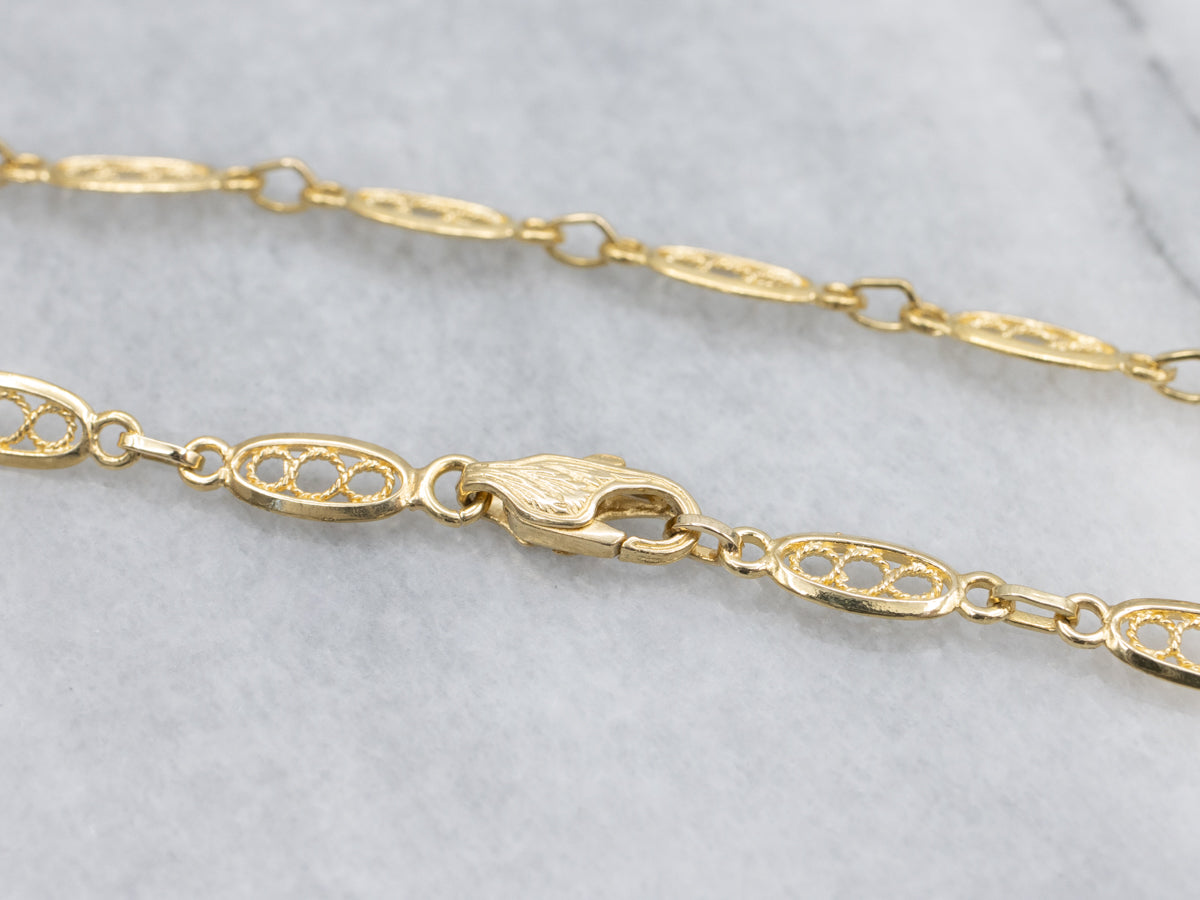 Vintage Gold Filigree Link Chain with Engraved Clasp