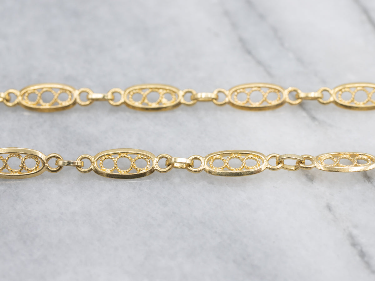 Vintage Gold Filigree Link Chain with Engraved Clasp